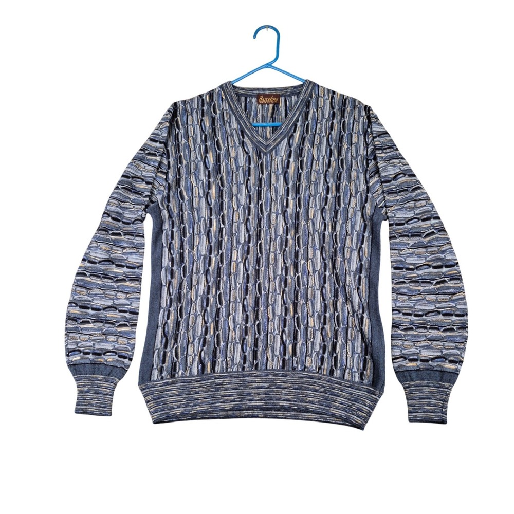Barcelino Mens Blue 3D Textured Knit V-Neck Sweater Italy Coogi Style Medium